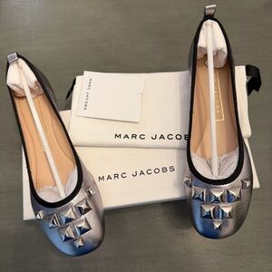 Marc Jacobs Women's Cleo Silver Black Leather Ballet Flats Studded Shoes 6 / 36